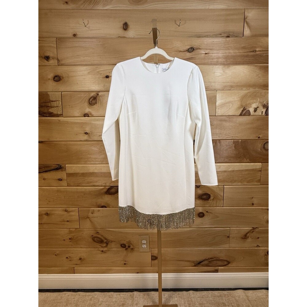 Gianni Bini long-sleeve cocktail dress 4 white with silver rhinestone fringe NWT